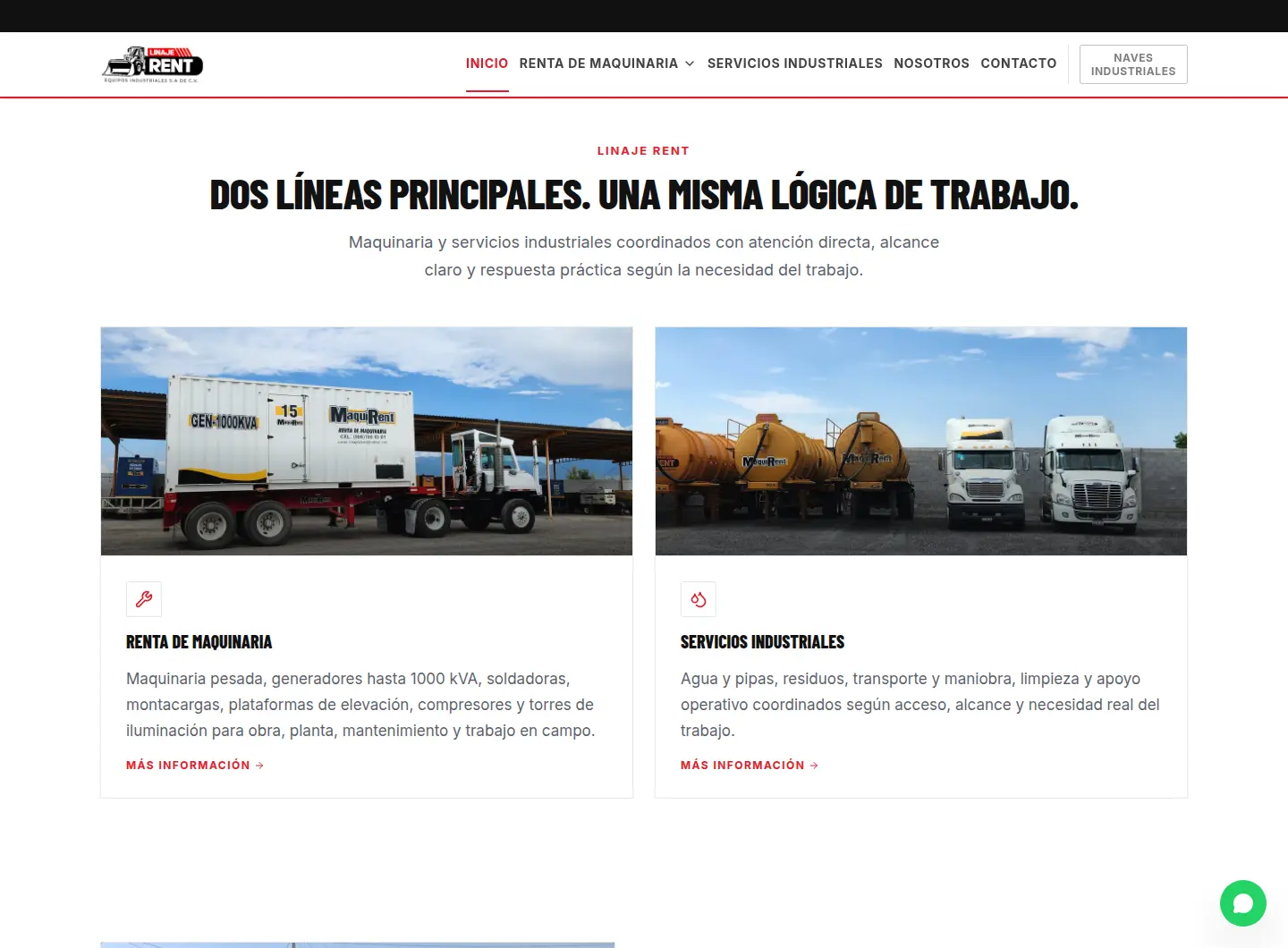 Captura del sitio de Linaje Rent con dos líneas comerciales: renta de maquinaria y servicios industriales.