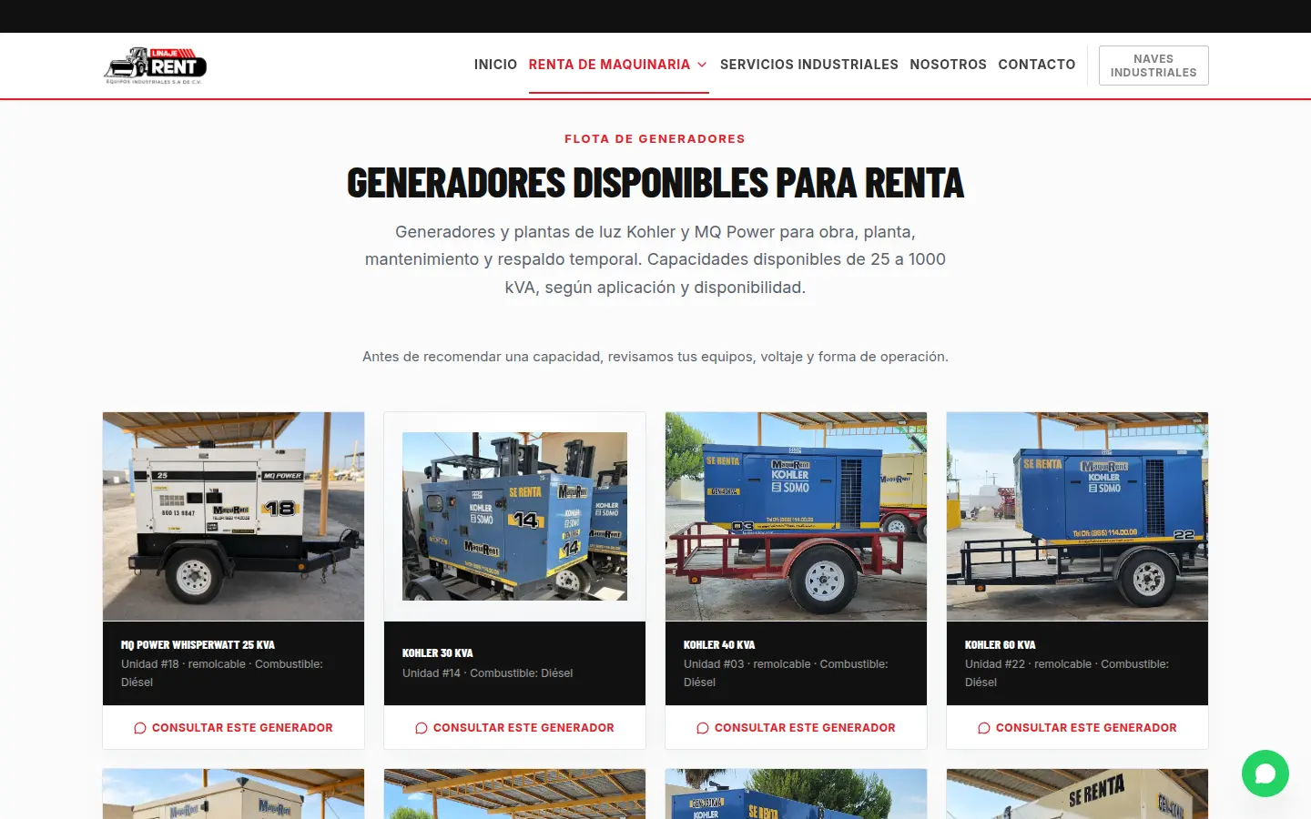Captura del catálogo de generadores de Linaje Rent con unidades por marca, capacidad e identificación.