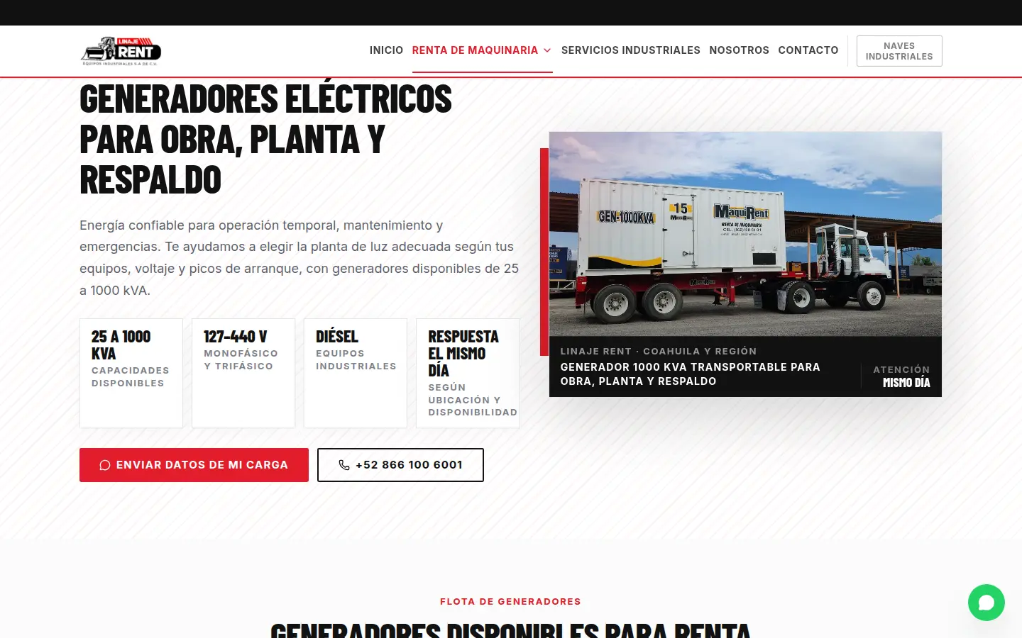 Captura de la página de generadores eléctricos de Linaje Rent con rango de capacidad, voltaje, combustible y llamada a solicitar disponibilidad.