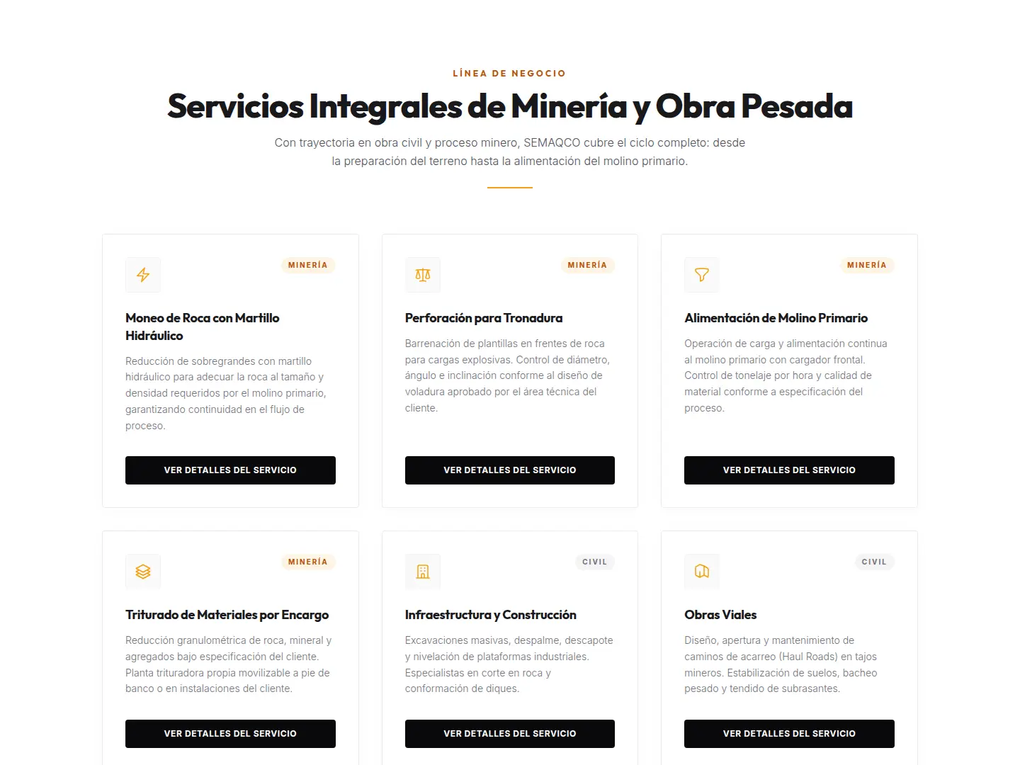 Captura de la página de servicios de SEMAQCO con rutas separadas para minería y obra civil.