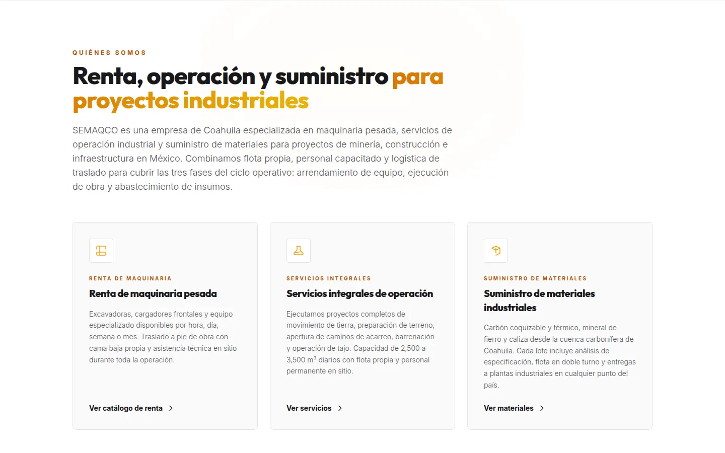 Captura del sitio de SEMAQCO con tres líneas comerciales: renta de maquinaria, servicios integrales y suministro de materiales.